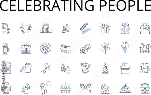 Celebrating people line icons collection. Applauding heroes, Honoring triumphs, Commending winners, Praising champions, Recognizing greatness, Hailing achievers, Felicitating stars vector and linear