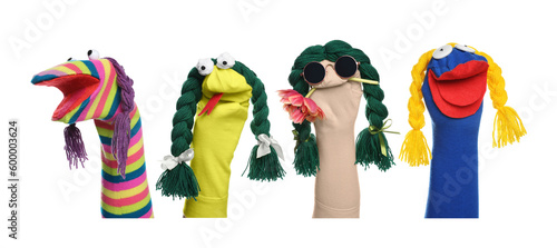 Many colorful sock puppets with braids on white background, collage design photo
