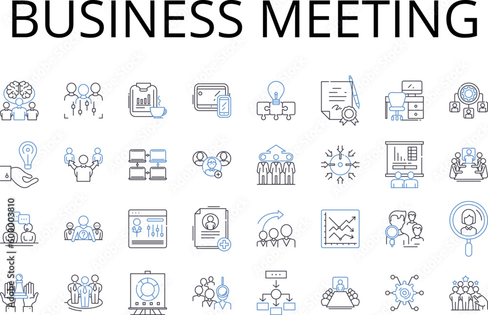 Business meeting line icons collection. Team building, Board meeting, Sales pitch, Conference call, Executive session, Office briefing, Staff huddle vector and linear illustration. Management summit