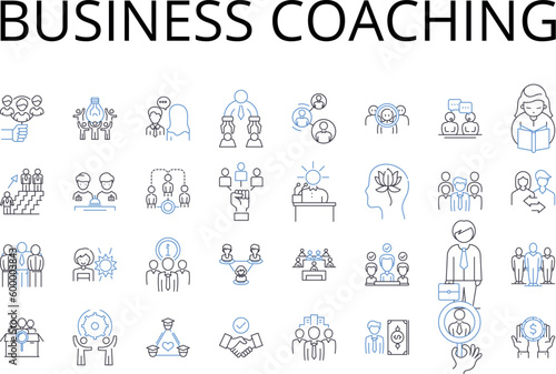 Business coaching line icons collection. Life coaching, Executive coaching, Leadership training, Career counseling, Performance coaching, Employee development, Team building vector and linear
