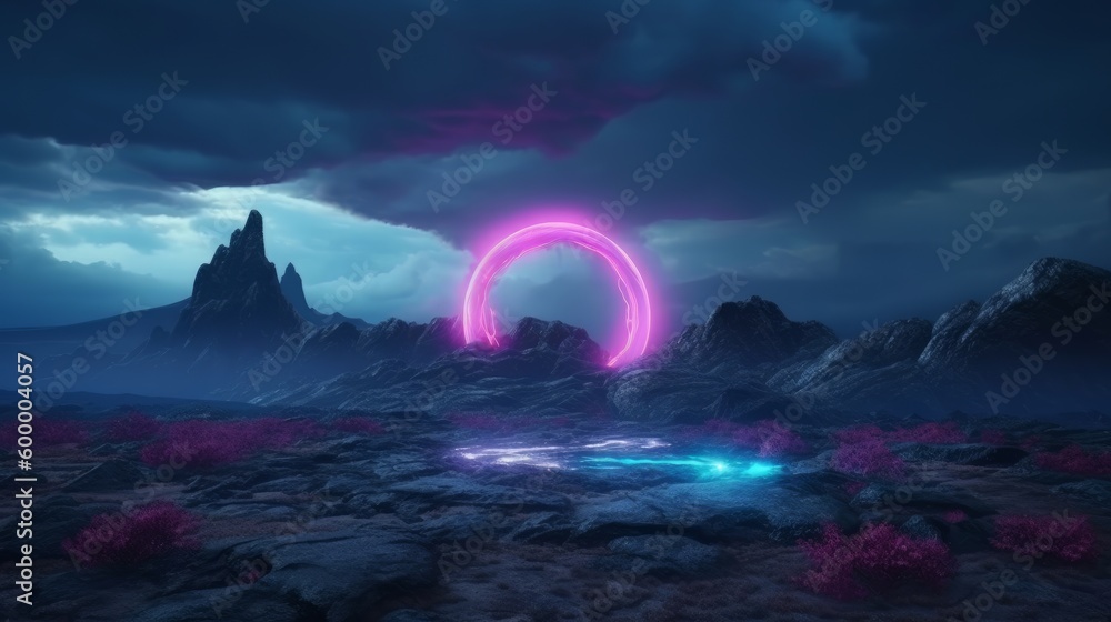 A glowing neon circle in the midst of a barren desert landscape. Generative ai A glowing neon circle in the midst of a barren desert landscape. Generative ai