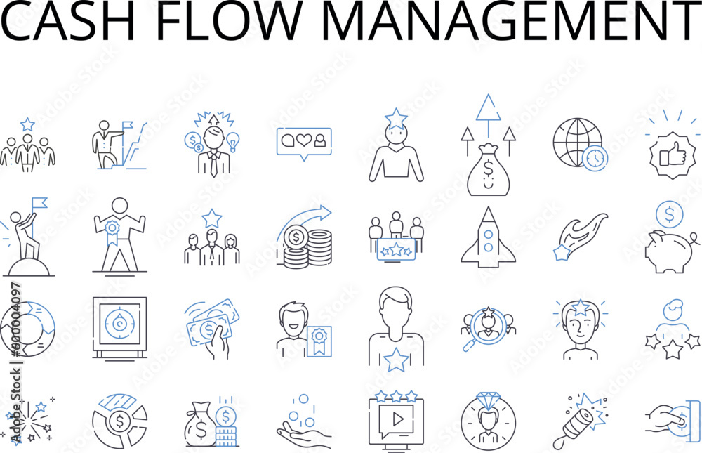 Cash flow management line icons collection. Revenue forecasting, Profit optimization, Expense budgeting, Financial planning, Asset evaluation, Investment portfolio, Tax planning vector and linear