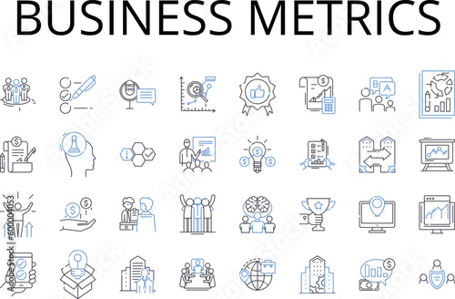 Business metrics line icons collection. Financial indicators, Performance measures, Marketing analytics, Sales metrics, Operational data, Customer insights, Project milests vector and linear
