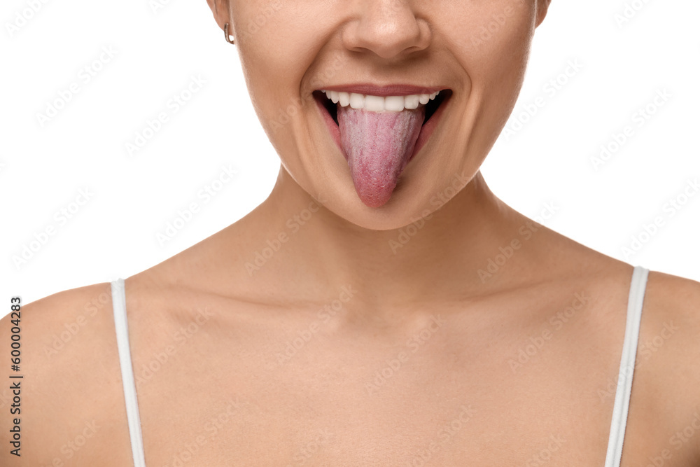 Happy young woman showing her tongue on white background, closeup Happy young woman showing her tongue on white background, closeup