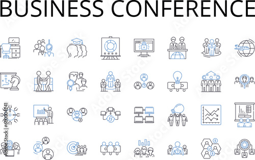 Business conference line icons collection. Corporate seminar, Entrepreneur summit, Marketing expo, Leadership workshop, Sales convention, Finance forum, Executive forum vector and linear illustration