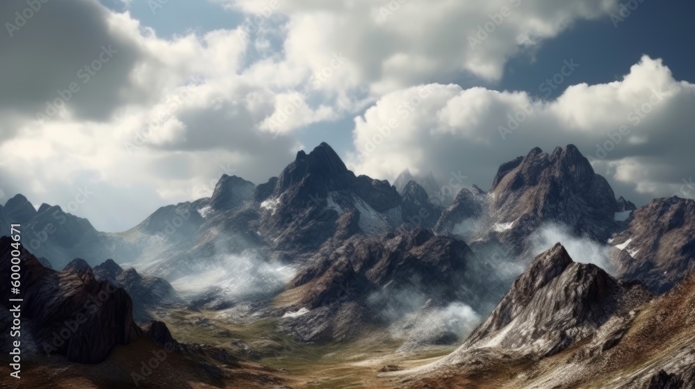 Majestic mountain range with dramatic cloud formations. Generative ai
