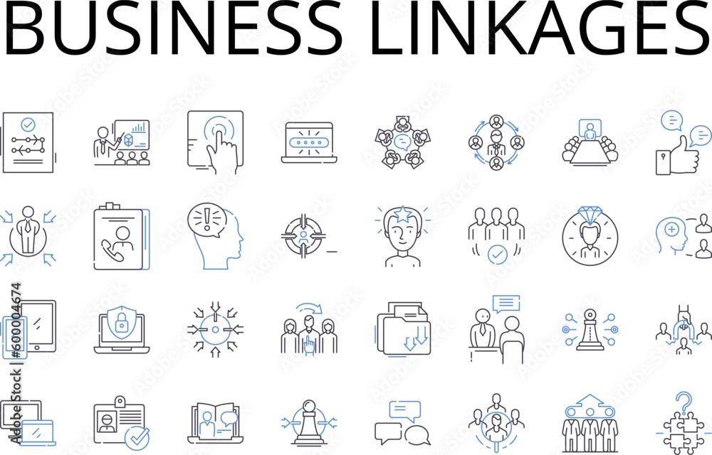 Business linkages line icons collection. Trade connections, Corporate affiliations, Economic partnerships, Commercial ties, Fiscal nerks, Market relationships, Industry bonds vector and linear Business linkages line icons collection. Trade connections, Corporate affiliations, Economic partnerships, Commercial ties, Fiscal nerks, Market relationships, Industry bonds vector and linear