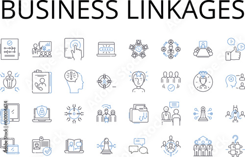 Business linkages line icons collection. Trade connections, Corporate affiliations, Economic partnerships, Commercial ties, Fiscal nerks, Market relationships, Industry bonds vector and linear