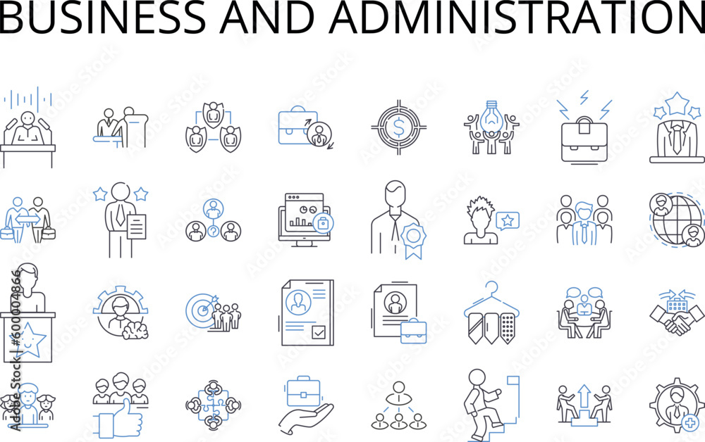 Business and administration line icons collection. Commerce, Management, Financial affairs, Leadership, Commercial affairs, Corporate affairs, Executive affairs vector and linear illustration Business and administration line icons collection. Commerce, Management, Financial affairs, Leadership, Commercial affairs, Corporate affairs, Executive affairs vector and linear illustration