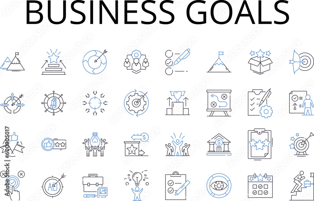 Business goals line icons collection. Financial targets, Corporate objectives, Entrepreneurial pursuits, Commercial ambitions, Trade intentions, Market priorities, Mtary aspirations vector and linear