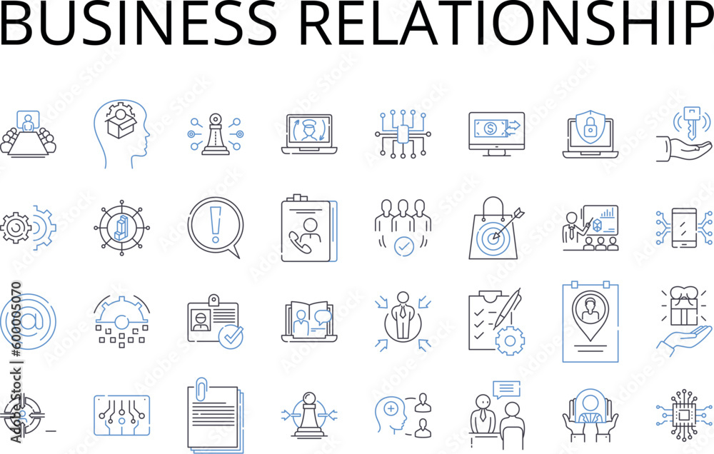 Business relationship line icons collection. Customer loyalty, Corporate partnership, Employee retention, Industry alliance, Professional collaboration, Commercial dealings, Vendor relations vector