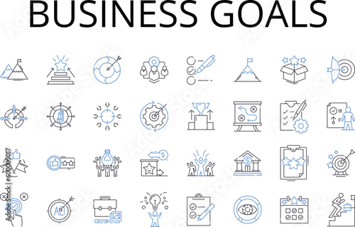 Business goals line icons collection. Financial targets, Corporate objectives, Entrepreneurial pursuits, Commercial ambitions, Trade intentions, Market priorities, Mtary aspirations vector and linear