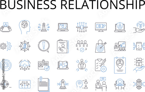 Business relationship line icons collection. Customer loyalty, Corporate partnership, Employee retention, Industry alliance, Professional collaboration, Commercial dealings, Vendor relations vector