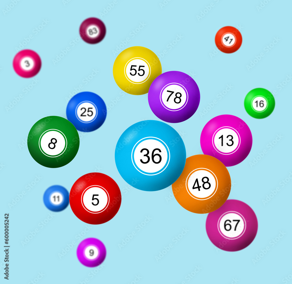 Many lottery balls falling on light blue background Many lottery balls falling on light blue background