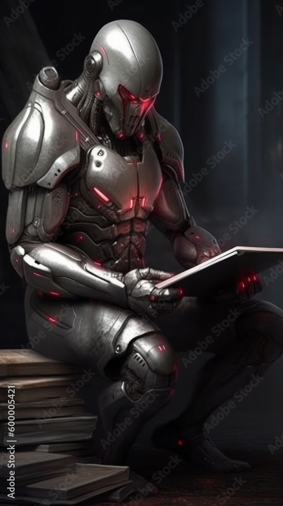 A robot reading a book. Generative AI. A robot reading a book. Generative AI.