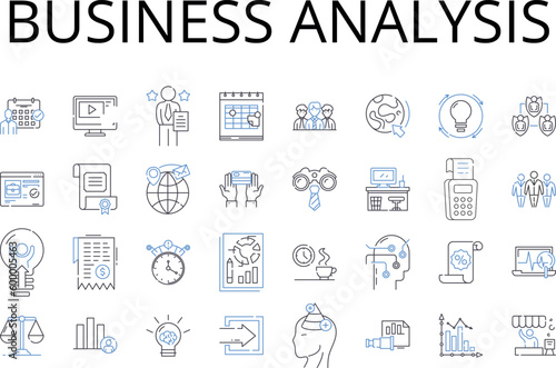 Business analysis line icons collection. Market research, Financial planning, Sales analytics, Risk assessment, Project management, Customer insights, Performance evaluation vector and linear