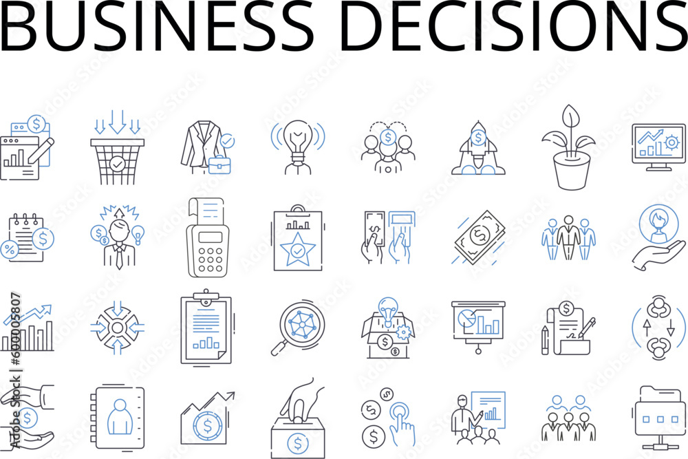 Business decisions line icons collection. Career choices, Management strategies, Financial planning, Policy formulation, Market analysis, Governance decisions, Investment options vector and linear
