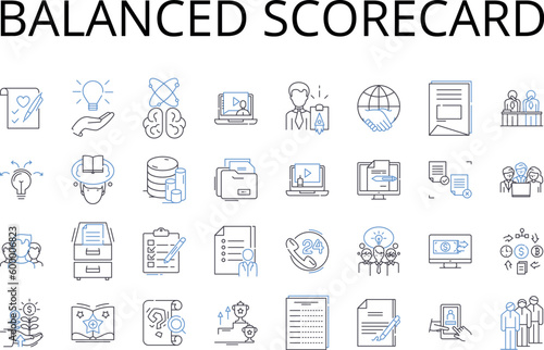 Balanced scorecard line icons collection. Risk assessment, Decision making, Project management, Financial analysis, Human resources, Marketing strategy, Supply chain vector and linear illustration