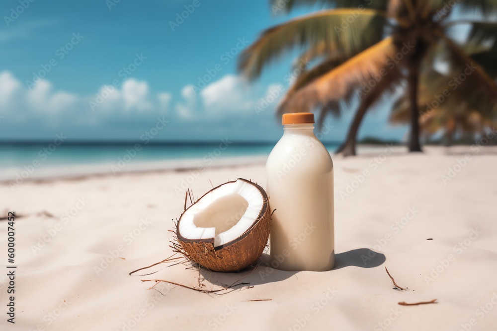 coconut and bottle with free space for logo on the beach coconut and bottle with free space for logo on the beach