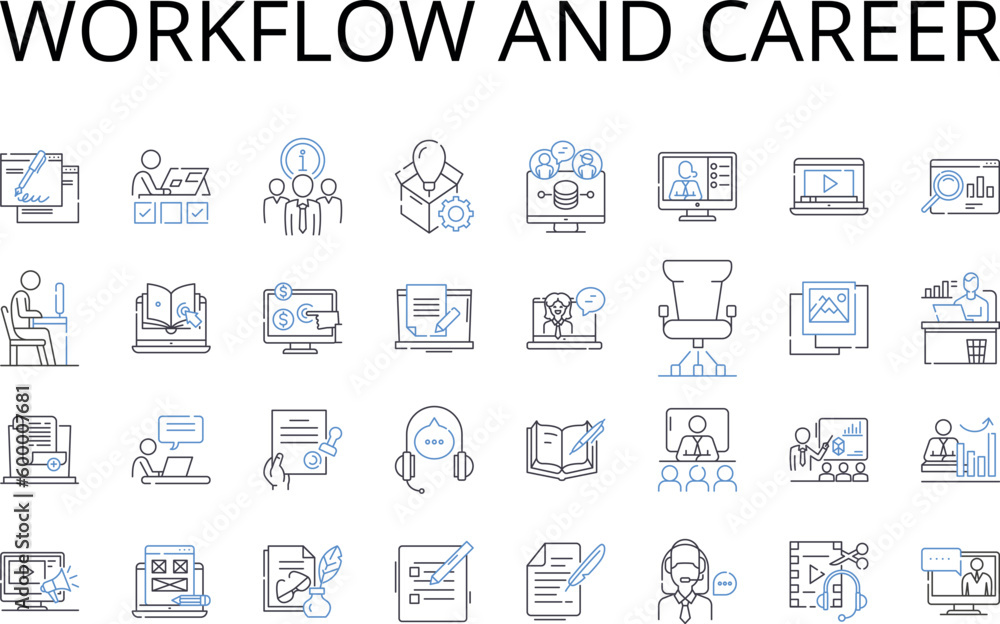 Workflow and career line icons collection. Communication and dialogue, Knowledge and expertise, Strategy and planning, Innovation and creativity, Talent and skills, Development and growth, Ethics and Workflow and career line icons collection. Communication and dialogue, Knowledge and expertise, Strategy and planning, Innovation and creativity, Talent and skills, Development and growth, Ethics and