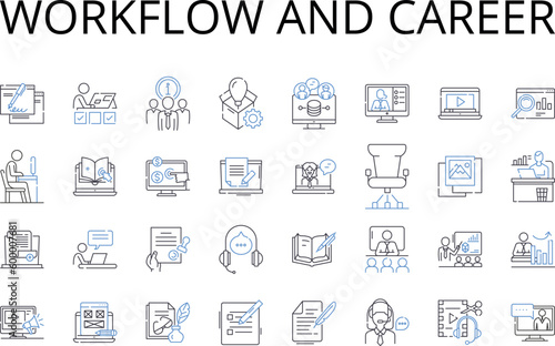 Workflow and career line icons collection. Communication and dialogue, Knowledge and expertise, Strategy and planning, Innovation and creativity, Talent and skills, Development and growth, Ethics and