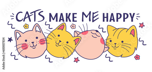 Fun feline print with quote for t shirt, tee design concept. Doodle cartoon style drawing with saying for cat lover.Vector illustration.