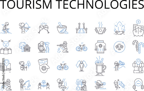Tourism technologies line icons collection. Artificial intelligence, Social media, Virtual reality, Mobile applications, E-commerce, Online marketing, Digital advertising vector and linear