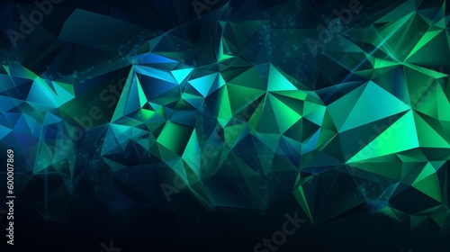 Abstract shapes in shades of green and blue on a dark background. Generative ai