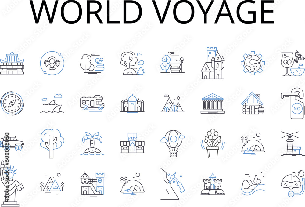 World voyage line icons collection. Global journey, Universal exploration, Earth adventure, Planet excursion, Continental odyssey, Overseas expedition, Foreign venture vector and linear illustration