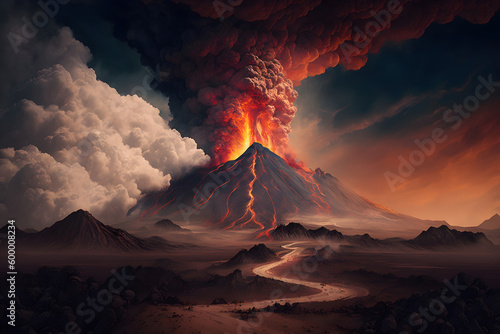 Fire in the mountains, a volcano spewing lava into the sky with a dramatic landscape, Generative AI © PrettyStock