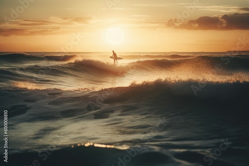 Silhouette of a surfer in the sea at dawn. AI generated  human enhanced