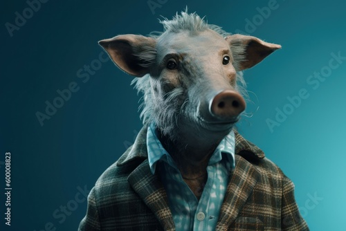 Anthropomorphic boar dressed in human clothing. humanized animal concept. AI generated, human enhanced