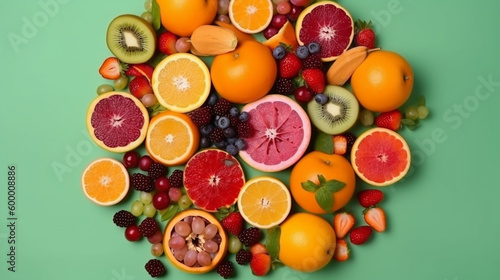 Fresh and Juicy, Top View of Summer Fruits Arranged on Pastel Background, With Generative AI