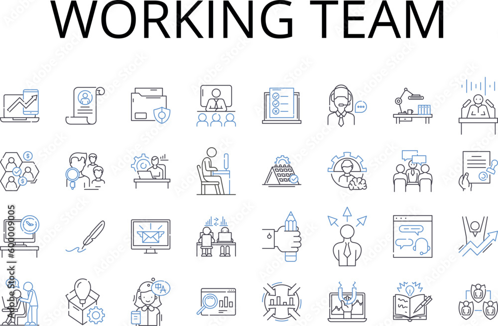 Working team line icons collection. Taskforce, Brigade, Crew, Unit, Posse, Squad, Troupe vector and linear illustration. Gang, Group, Company outline signs set Working team line icons collection. Taskforce, Brigade, Crew, Unit, Posse, Squad, Troupe vector and linear illustration. Gang, Group, Company outline signs set