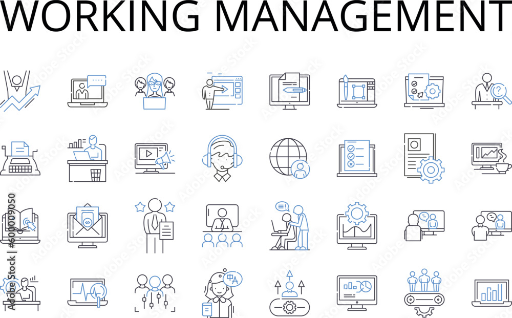 Working management line icons collection. Corporate leadership, Business administration, Professional supervision, Employment oversight, Executive governance, Job direction, Labor regulation vector Working management line icons collection. Corporate leadership, Business administration, Professional supervision, Employment oversight, Executive governance, Job direction, Labor regulation vector