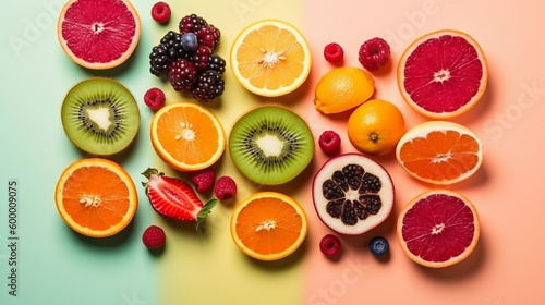 Fresh and Juicy  Top View of Summer Fruits Arranged on Pastel Background  With Generative AI