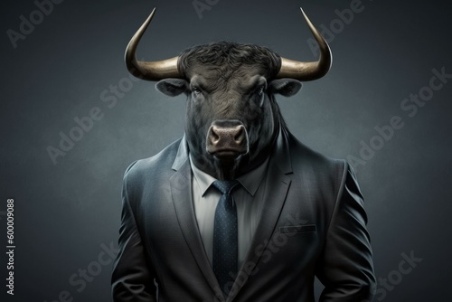 An anthropomorphic bull dressed in a business suit like a boss. AI generated, human enhanced