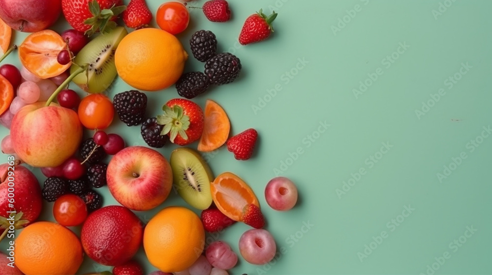 Fresh and Juicy, Top View of Summer Fruits Arranged on Pastel Background, With Generative AI Fresh and Juicy, Top View of Summer Fruits Arranged on Pastel Background, With Generative AI