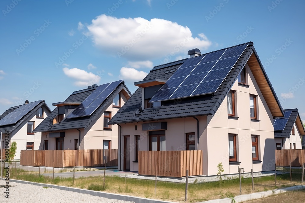 Obraz premium modern houses with solar panels on their roofs created with Generative AI