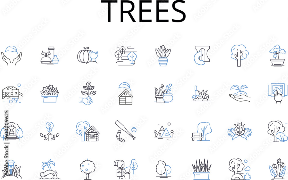 Trees line icons collection. Forest, Woodland, Grove, Orchard, Plantation, Copse, Stand vector and linear illustration. Timberland,Thicket,Arboretum outline signs set Trees line icons collection. Forest, Woodland, Grove, Orchard, Plantation, Copse, Stand vector and linear illustration. Timberland,Thicket,Arboretum outline signs set