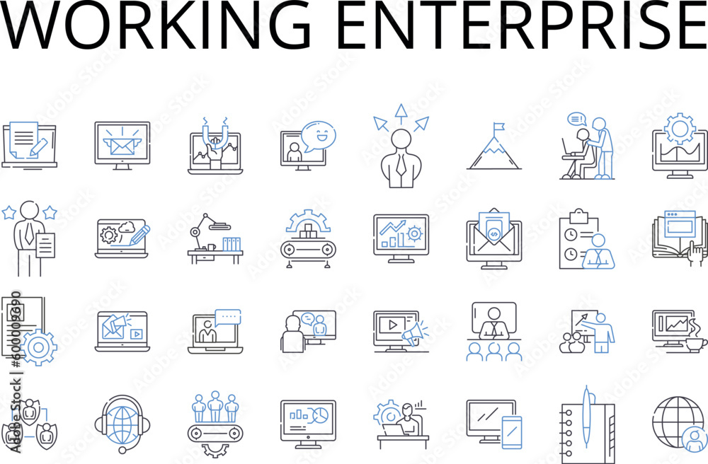 Working enterprise line icons collection. Active business, Live company, Functioning corporation, Operating venture, Running establishment, Operational organization, Busy enterprise vector and linear