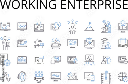 Working enterprise line icons collection. Active business, Live company, Functioning corporation, Operating venture, Running establishment, Operational organization, Busy enterprise vector and linear