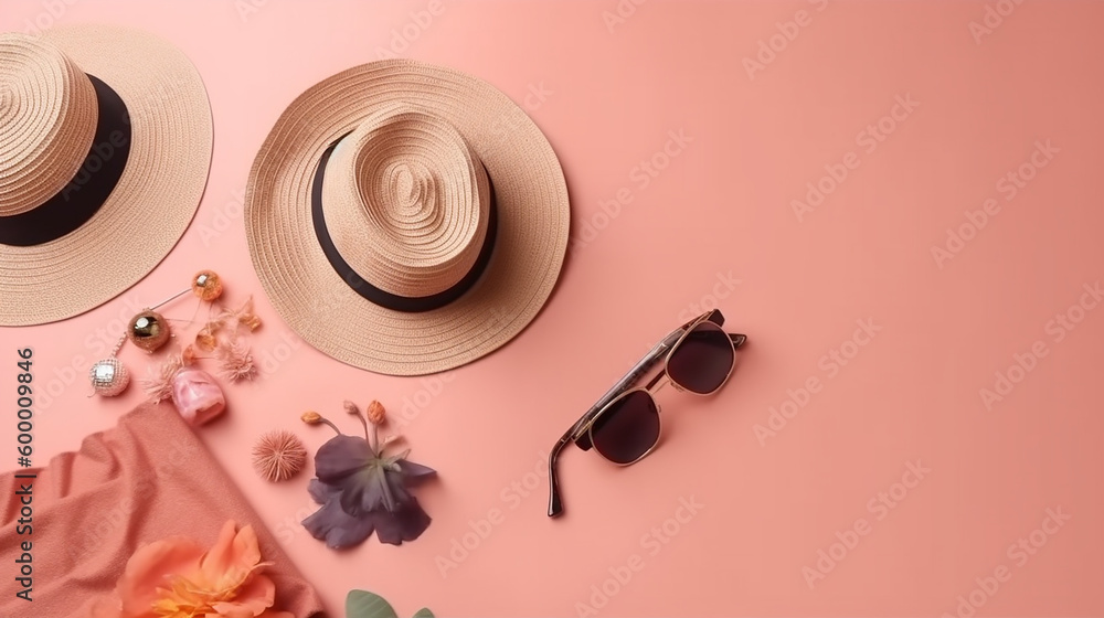 op View of Women's Apparel Arranged on Pastel Pink Background; With Generative AI op View of Women's Apparel Arranged on Pastel Pink Background; With Generative AI