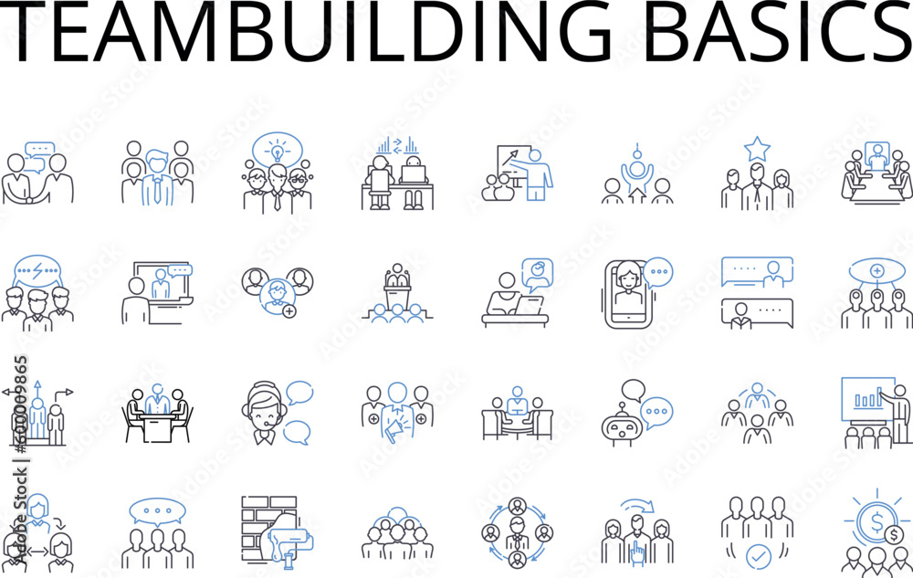 Teambuilding basics line icons collection. Leadership essentials, Communication skills, Conflict resolution, Time management, Project management, Problem-solving, Goal setting vector and linear