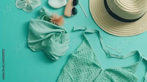 op View of Women's Apparel Arranged on Pastel Blue Background; With Generative AI