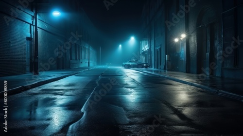A dimly lit city street with streetlights at night. Generative ai © cac_tus
