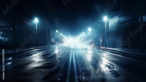 A dark and moody city street illuminated by street lights at night. Generative ai