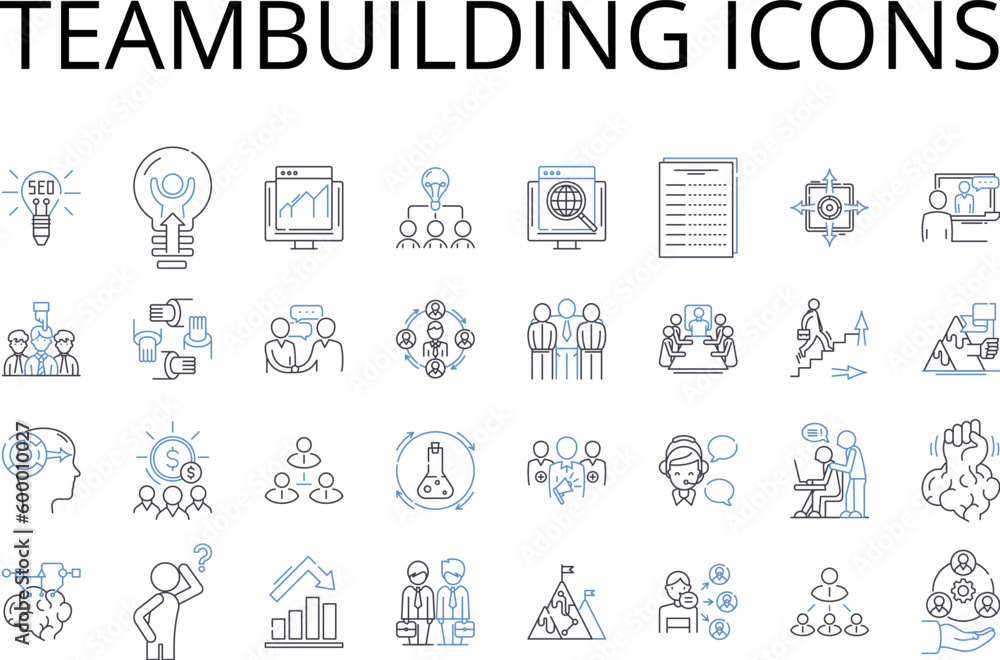 Teambuilding icons line icons collection. Leadership symbols, Collaboration graphics, Partnership emblems, Unity logos, Solidarity signs, Synergy images, Group insignia vector and linear illustration