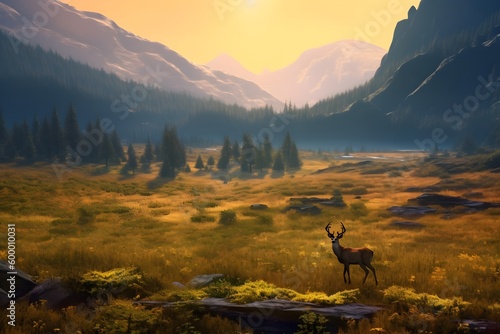 Beautiful landscape scenery of forest high mountain with wild life. Created with Generative AI technology. © Azfar.arts
