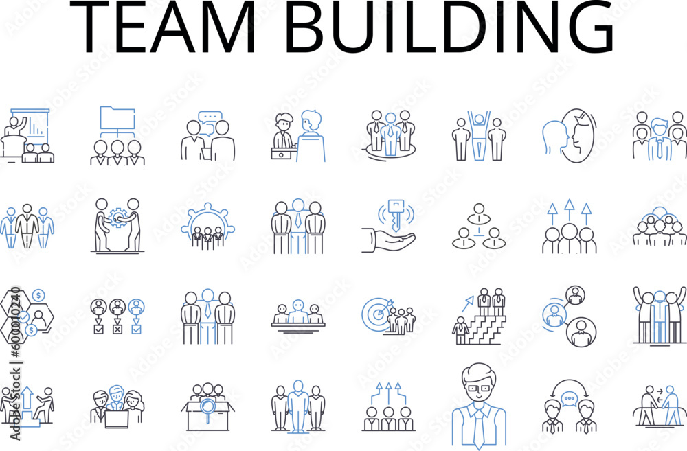 Team building line icons collection. Bonding exercises, Group activities, Collaborative events, Partnership development, Mutual understanding, Camaraderie building, Joint ventures vector and linear Team building line icons collection. Bonding exercises, Group activities, Collaborative events, Partnership development, Mutual understanding, Camaraderie building, Joint ventures vector and linear